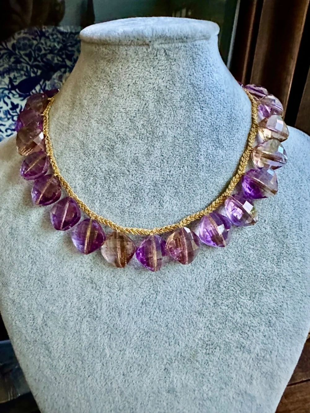 vintage Amertrine  vintage large faceted necklace purple golden highlights